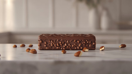 A chocolate ice cream bar with a crunchy coating, placed on a marble slab with scattered nuts.の素材