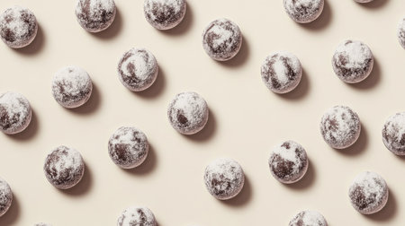 Chocolate truffles with cocoa and powdered sugar coatings placed randomly on a neutral background.の素材