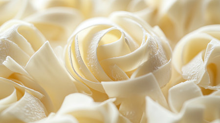 Close-up of fine white chocolate curls arranged artistically on a pale background.の素材