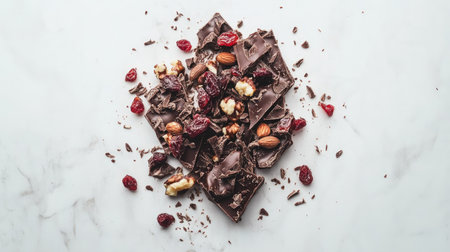 Flat lay of chocolate bark with mixed nuts and dried fruits, styled on a clean, soft pastel surface.の素材