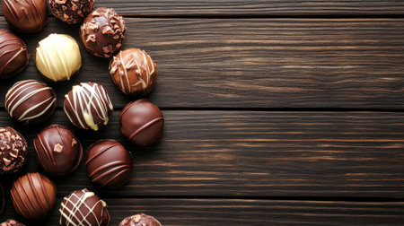 Elegant chocolate truffles with intricate details scattered on a matte dark wooden background.の素材