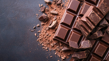 Crumbled cocoa powder spread across a chocolate-colored surface, creating a textured and rustic background.の素材