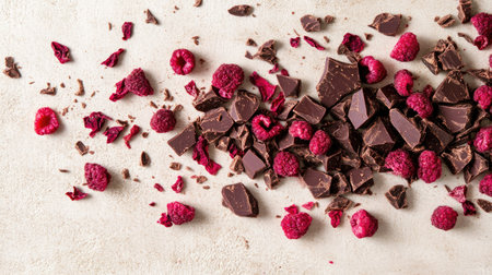 Flat lay of ruby chocolate chunks scattered with dried raspberries on a soft cream surface, styled elegantly.の素材