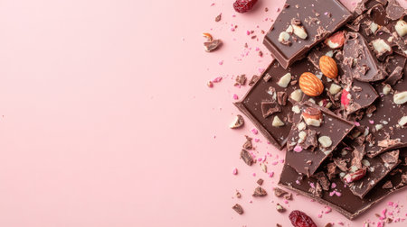 Flat lay of chocolate bark with mixed nuts and dried fruits, styled on a clean, soft pastel surface.の素材