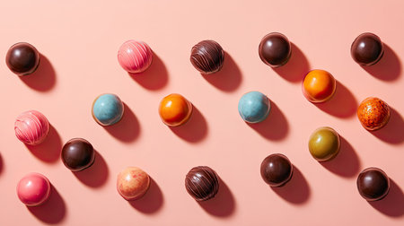 Flat lay of spherical chocolate truffles with vibrant fillings and toppings on a neutral surface.の素材