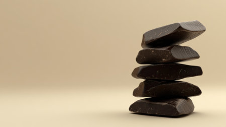 Layers of broken chocolate pieces stacked in a corner on a smooth, neutral background.の素材