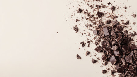 Flat lay of dark chocolate chunks mixed with hazelnuts on a light beige background, styled asymmetrically with ample space for design.の素材