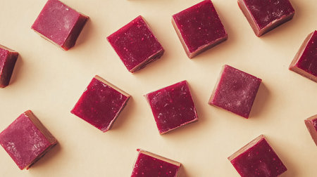 Ruby chocolate squares with a glossy finish placed on a light beige background, styled asymmetrically for aesthetic balance.の素材