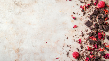 Flat lay of ruby chocolate chunks scattered with dried raspberries on a soft cream surface, styled elegantly.の素材
