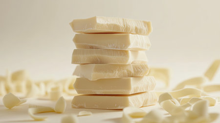 Stacked pieces of white chocolate surrounded by scattered curls, set on a neutral base.の素材