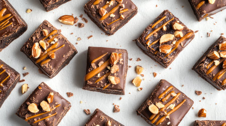Top view of artisanal chocolates with caramel drizzles and nut toppings on a soft neutral surface.の素材