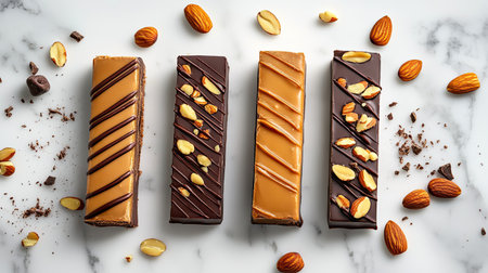 Top view of gourmet chocolate with almond slices and caramel drizzle, styled elegantly on a marble background.の素材