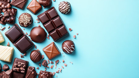 Flat lay of gourmet chocolates with artistic details, arranged creatively on a pastel-colored background.の素材