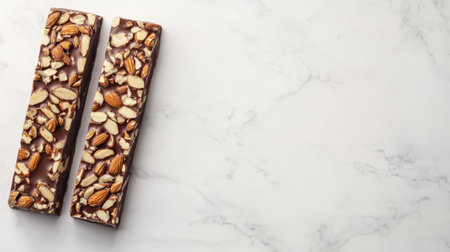 Minimalist layout of gourmet chocolate bars embedded with almonds, placed on a white marble backdrop for texture.の素材