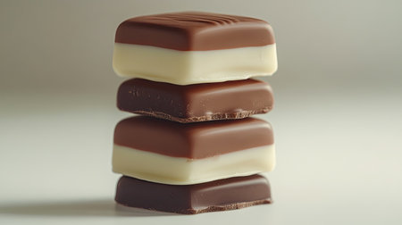 Milk and dark chocolate pralines stacked randomly on a soft white background, top view.の素材