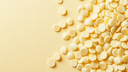 White chocolate chips scattered across a soft pastel backdrop, leaving room for copy.の素材