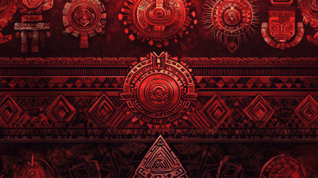A bright red pattern with ancient Mayan-inspired motifs, featuring symbolic lines and shapes, perfect for creative projects with a cultural touch.の素材