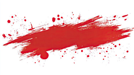 A crimson-red abstract composition with paint splashes and scattered brush strokes, creating a bold and energetic design space for artwork.の素材