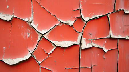 A cracked red paint texture with visible imperfections, creating a raw, artistic look with plenty of space for creative design.の素材