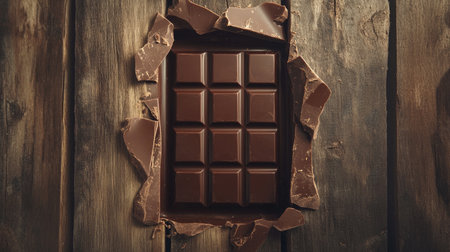 A chocolate bar in a wrapper with torn edges, revealing the rich, dark chocolate inside, against a rustic wooden backdrop.の素材