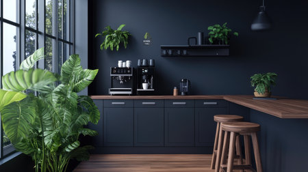 A trendy office kitchen with sleek cabinets, a coffee machine, and a breakfast bar with stools.の素材