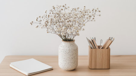 A stylish workspace with a light wooden desk, a ceramic vase with flowers, and an organized stationary holder.の素材