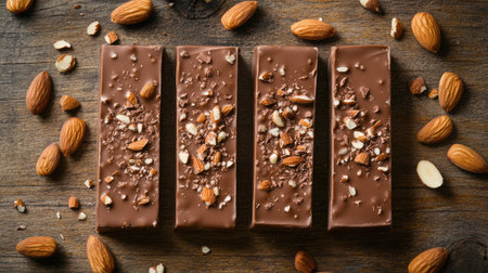 Top view of milk chocolate bars sprinkled with almonds on a rustic wooden surface, scattered pieces of nuts surrounding the bars with copy space.の素材