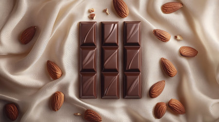 A creative composition of ruby chocolate bars and whole almonds, laid on a light cream textured fabric surface.の素材