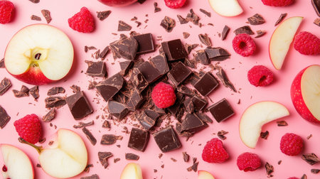 Gourmet chocolate chunks with sliced apples and raspberries on a soft pink background, creating an elegant display.の素材