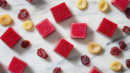 Artistic flat lay of ruby chocolate squares and dried fruit on a smooth white marble surface, arranged minimally for design.の素材