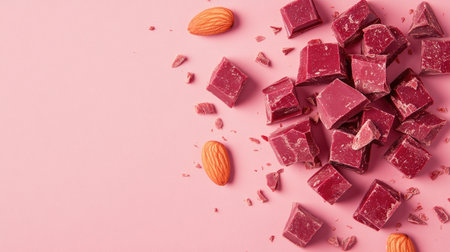 Artistic layout of ruby chocolate pieces and whole almonds, scattered on a pastel rose background with ample space for text.の素材