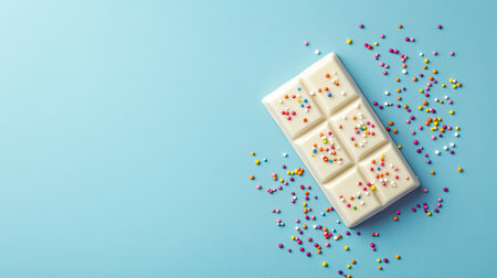 A white chocolate bar with colorful sprinkles, placed diagonally on a pastel blue background.の素材