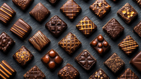 Chocolate bonbons with intricate designs displayed symmetrically on a slate background, top view.の素材