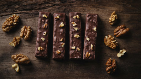 Rustic flat lay of milk chocolate bars with whole walnuts, scattered naturally on a dark textured wooden background.の素材