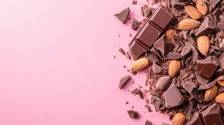 A mix of broken chocolate pieces and whole almonds scattered artistically on a pastel pink background with copy space.の素材