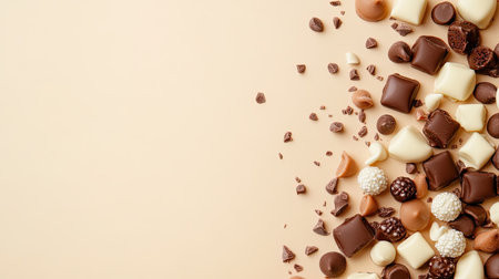 A mix of milk, white, and dark chocolate candies spread across a clean beige background.の素材