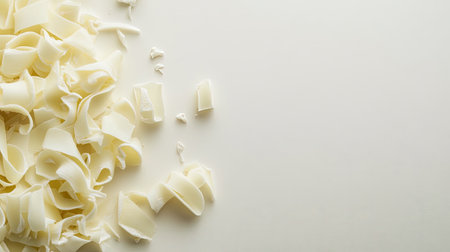 White chocolate curls scattered randomly on a clean, off-white backdrop with ample copy space.の素材