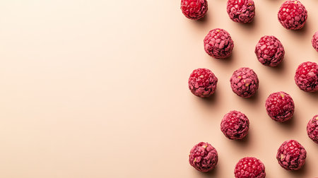 Minimalist layout of ruby chocolate truffles with freeze-dried raspberries on a smooth light beige backdrop.の素材