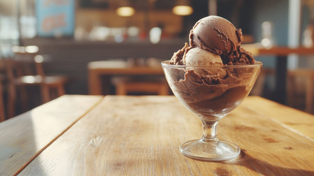 Chocolate ice cream in a clear bowl placed on a wooden table with natural light streaming in.の素材