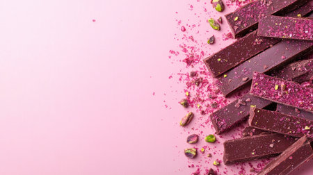 Ruby chocolate bark with pistachios and edible glitter placed on a soft pastel pink background, styled minimally.の素材