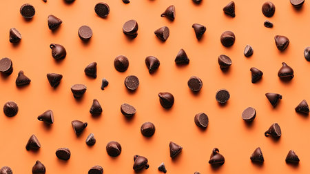 Top view of scattered chocolate chips on a warm chocolate-colored base, leaving clean space.の素材