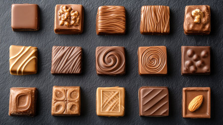 Flat lay of artisanal chocolates with swirls and nut fillings on a rustic dark slate surface.の素材