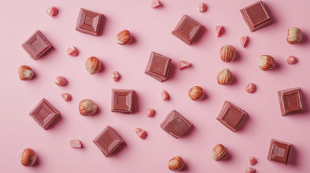 Ruby chocolate squares and whole hazelnuts scattered artistically on a soft rose pink background, styled for elegance.の素材