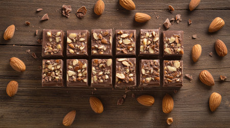 Top view of milk chocolate bars sprinkled with almonds on a rustic wooden surface, scattered pieces of nuts surrounding the bars with copy space.の素材