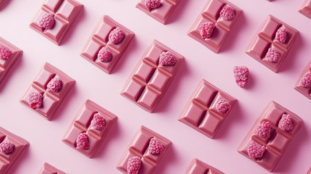 Top view of ruby chocolate bars with freeze-dried raspberries and pistachios on a soft pastel surface, styled asymmetrically.の素材