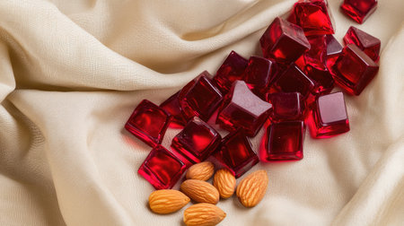Top view of broken ruby chocolate with whole almonds and hazelnuts on a light cream fabric background.の素材