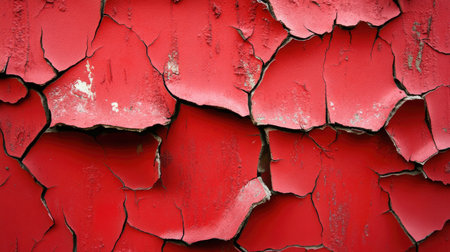 A red cracked and chipped wall texture, with visible wear and tear, creating a vintage, aged effect ideal for bold and dramatic visuals.の素材