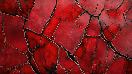 A deep red cracked surface with bold lines and intricate details, offering a raw, organic texture with ample space for creative designs.の素材