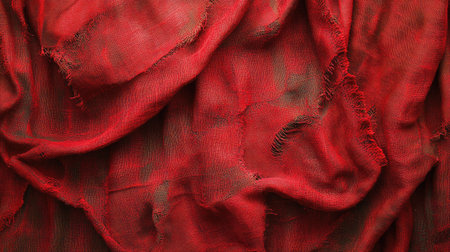 A red cracked fabric texture with visible splits and frayed edges, providing a vintage, worn feel for design projects.の素材