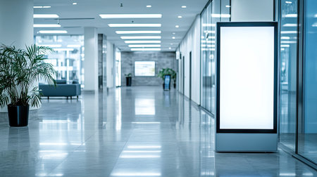 A clean interactive sign with a touch panel in an empty corporate lobby, illuminated for effect.の素材